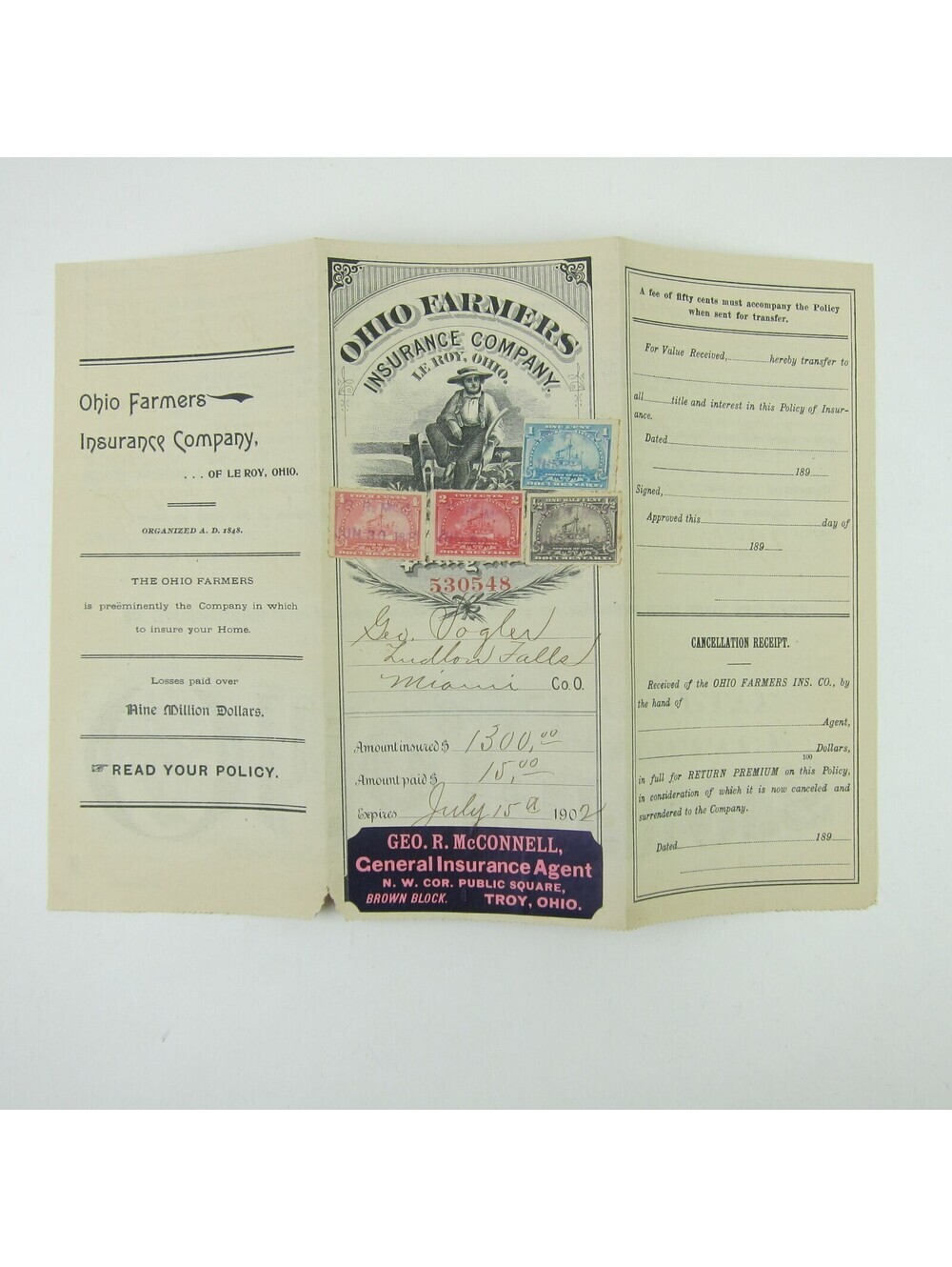 1902 Ohio Farmers Insurance Policy Le Roy Scott R162, R163, R164, R166 Tax Stamp - Picture 4 of 13